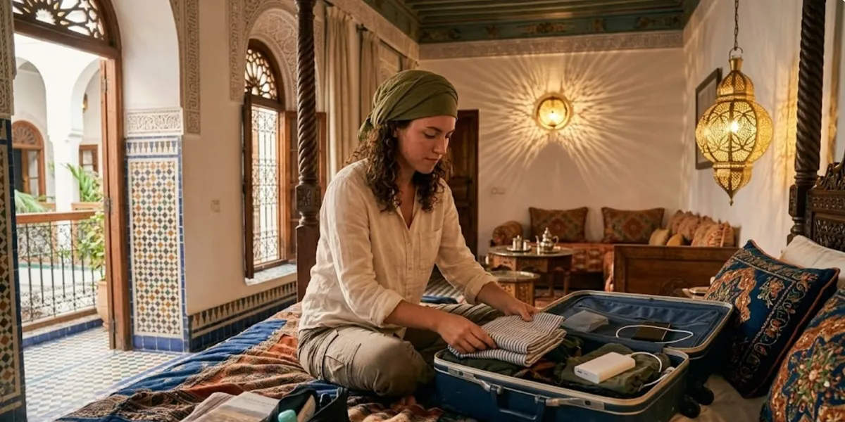 Что взять в Марокко в 2026 году: список одежды и вещей для туриста по сезонам. Девушка собирает чемодан в риаде.